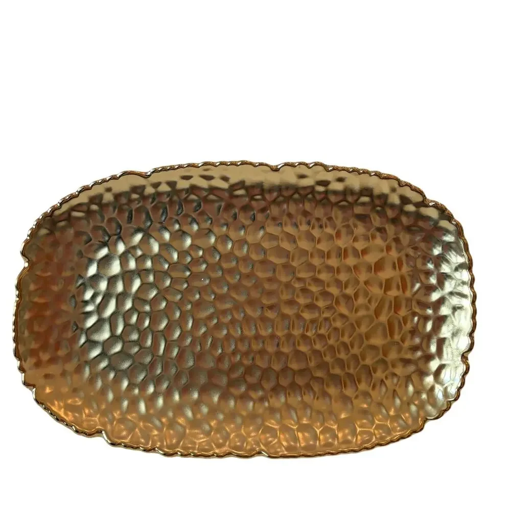 Hammered Matte Gold Serving Platter 11x7 Ceramic Scalloped Holiday Glam NEW